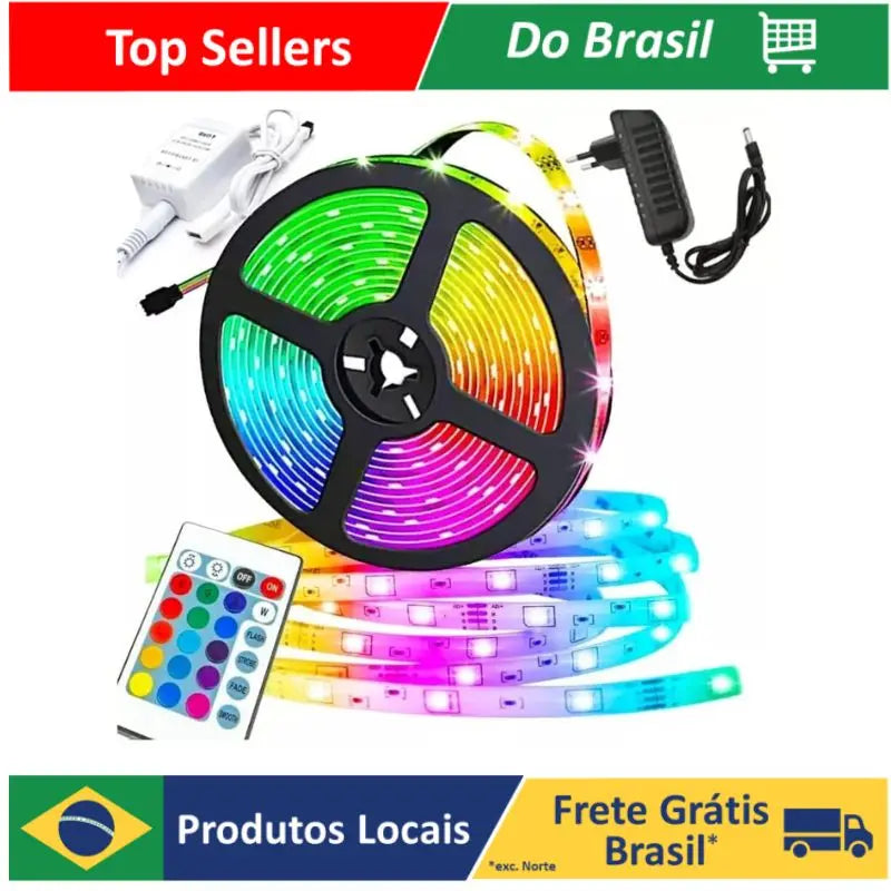 ENVIO NACIONAL - Fita de LED RGB colorida e à prova d'água com fonte e controle.