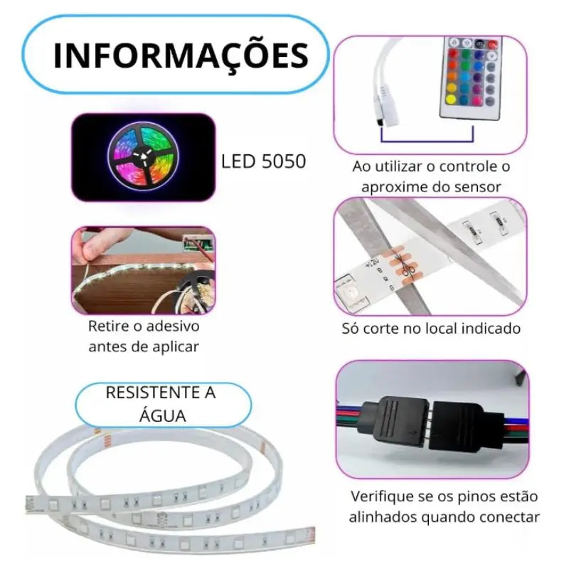 ENVIO NACIONAL - Fita de LED RGB colorida e à prova d'água com fonte e controle.