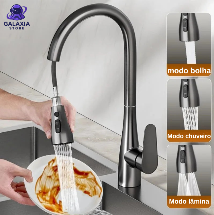 Torneira de cozinha em inox espesso, montada na bancada, com bico extensível