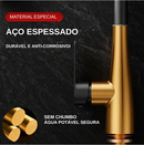 Torneira de cozinha em inox espesso, montada na bancada, com bico extensível