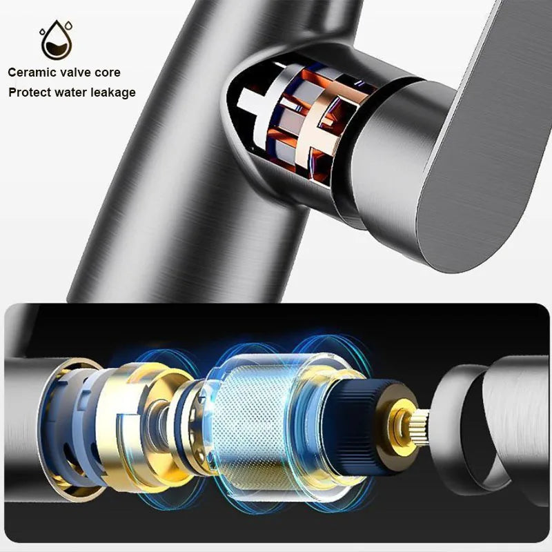 Torneira de cozinha em inox espesso, montada na bancada, com bico extensível