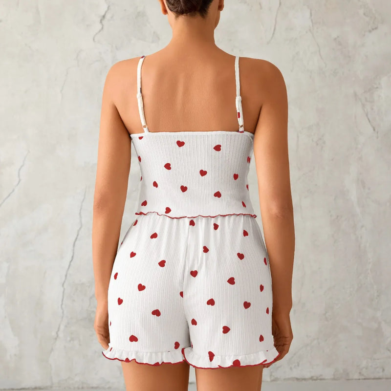 Conjunto de Pijamas Feminino – Moda, Sexy, com Borda Ondulada, Estampa de Coração, Top Camisola e Shorts – Confortável, Macio, Sleepwear/Homewear